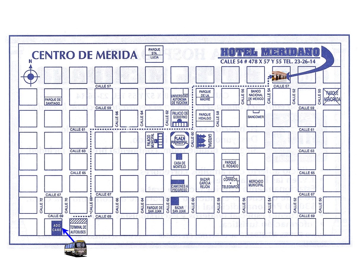 Map Hotel Meridano to Merida bus station CAME 1st Class
