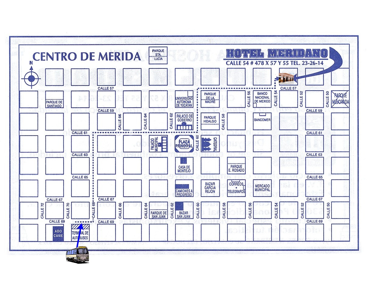 Large Map Hotel Meridano to Merida bus station CAME 2nd Class