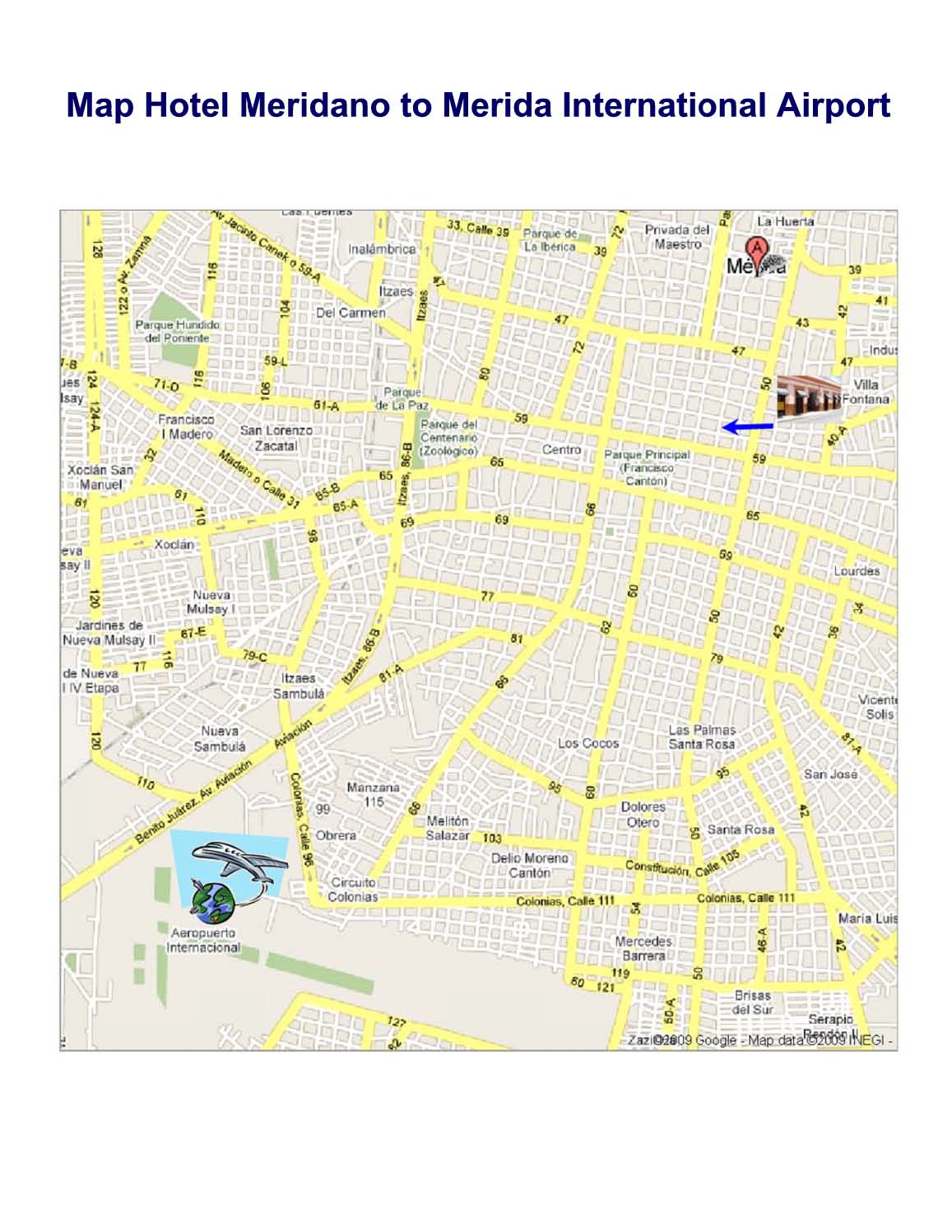 Merida hotel meridano large map directions to airport