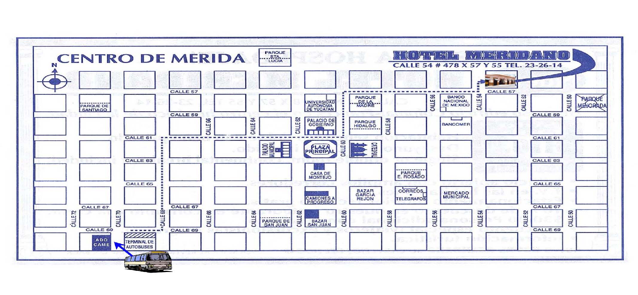 Large Map Hotel Meridano to Merida bus station CAME 1st Class